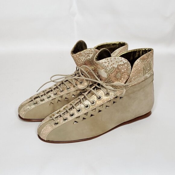 Mariagrazia Ripari Flats Shoes 7.5 Ankle Lace Up Cutouts Reptile Beige Tan Boho - Picture 2 of 9